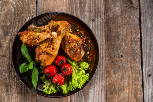 Preview: Fried Chicken Drumsticks With Vegetables On Wooden Table