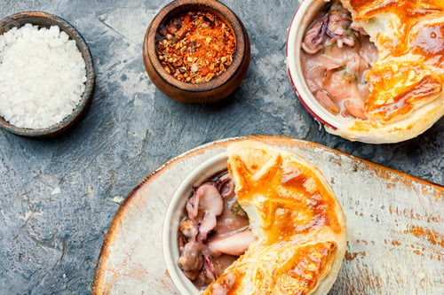Preview: Baked Seafood With Bread Cap.Squid And Mussel Julienne.Cream Seafood Soup.