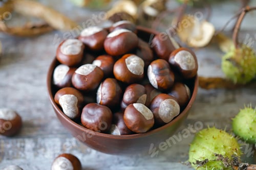 Preview: Chestnuts In A Bowl. Chestnut Leaves. Autumn Composition With Chestnuts.