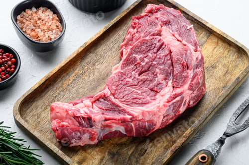 Preview: Raw Steak, Pepper, Herbs, Garlic, Rosemary From Marbled Organic Beef Meat Set, On White Stone