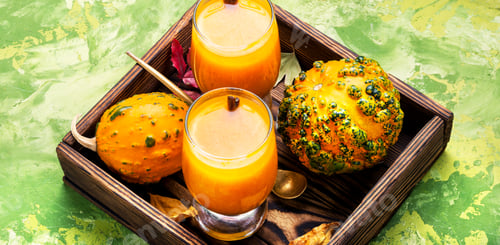 Preview: Pumpkin Smoothie In Glass On Vintage Table.Autumn Drink.