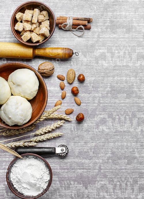 Preview: Baking Ingredients For Cooking.Eggs,Brown Sugar And Wheat Flour.Copy Space
