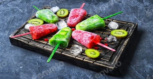 Preview: Ice Cream With Kiwi And Pomegranate On Kitchen Board