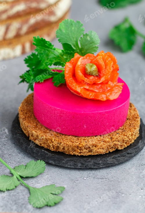 Preview: Beetroot And Cream Cheese (Ricotta) Mousse With Salted Salmon, Fresh Herbs And Capers On Slices Of