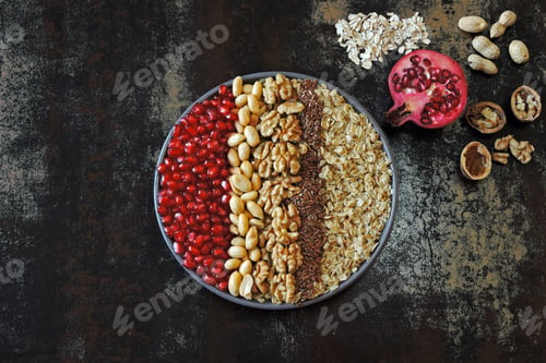 Preview: Vegan Bowl. Example Healthy Breakfast With Oatmeal, Nuts And Seeds. Vegan Food. Superfoods