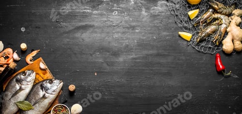 Preview: Fresh Seafood. Two Fresh Fish With A Bottle Of Wine. On A Black Chalkboard.