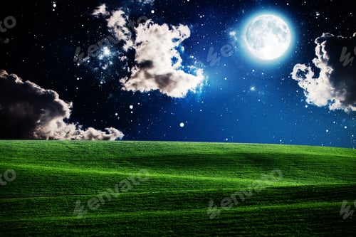 Preview: Green Night Field. Star Sky