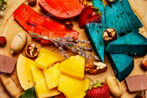 Preview: Cheese Plate. Assorted Multicolored Hard Dutch Cheeses. Blue And Red Pesto, Aged Gouda. Strawberry