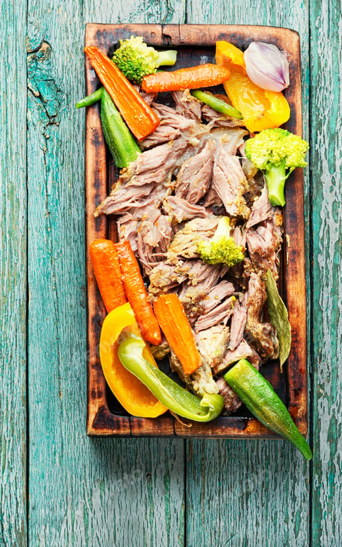 Preview: Appetizing Beef Stew With Seasonal Vegetables On Kitchen Board