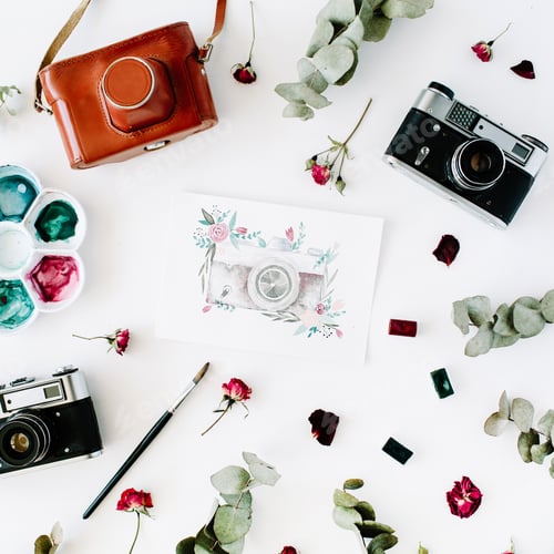 Preview: Flat Lay. Artist Workspace With Vintage Retro Photo Camera, And Watercolor Painted Camera, Red