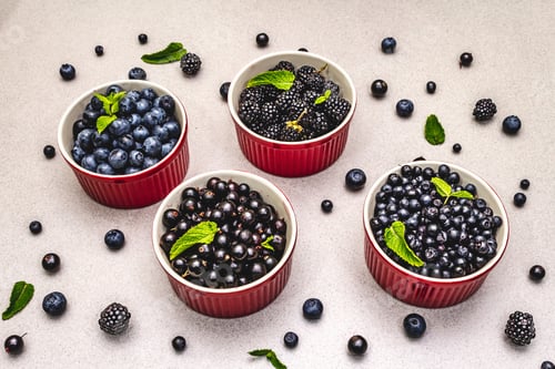 Preview: Assorted Berries In Blue And Black Colors: Bilberry, Blueberry, Currant And Blackberry. Stone