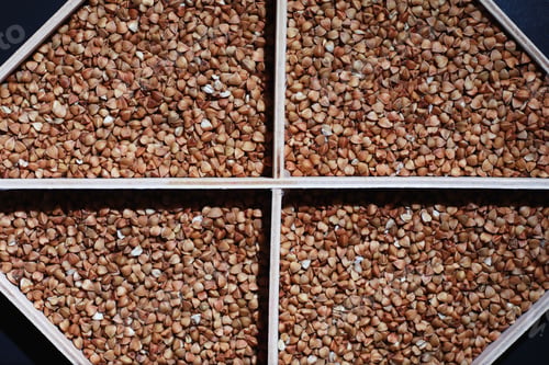 Preview: A Set Of Grain Cereals. Rice, Buckwheat And Millet Groats In Wooden Tray. A Grocery Set Of Cereals