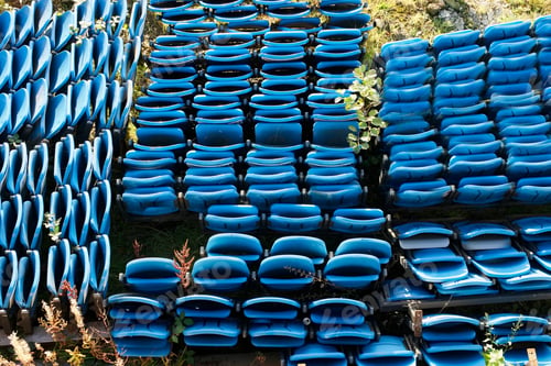 Preview: Blue Pavilion Stadium Fold Up Plastic Seats Aerial View From Above Stored For Exhibition Event