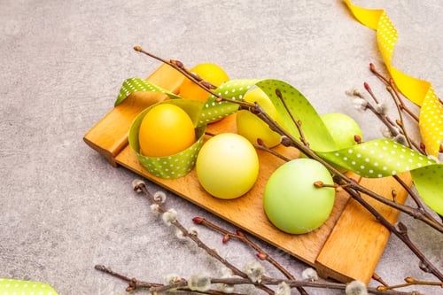 Preview: Easter Eggs, Willow Seals Branches, Polka Dot Satin Ribbons. Concept On A Wooden Stand On A Stone