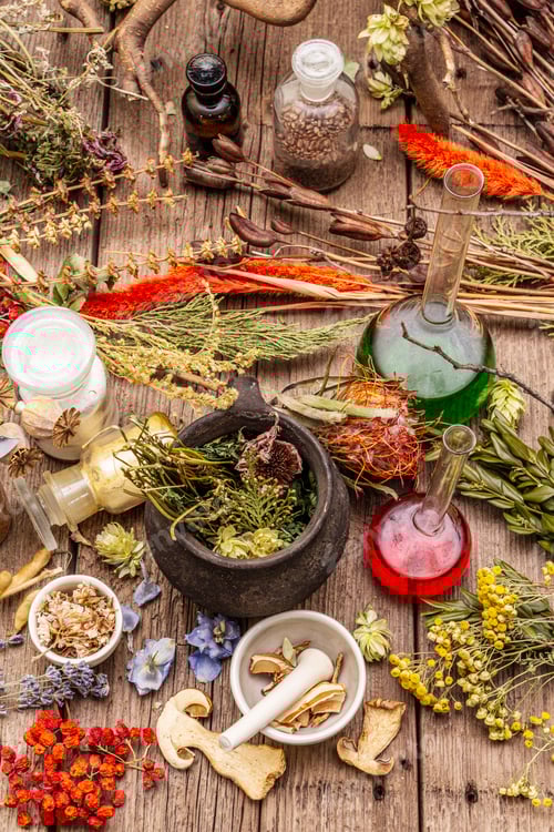 Visualização: Laboratório da Bruxa. Equipamento alquímico, tratamento farmacêutico. Almofariz e pilão, garrafas