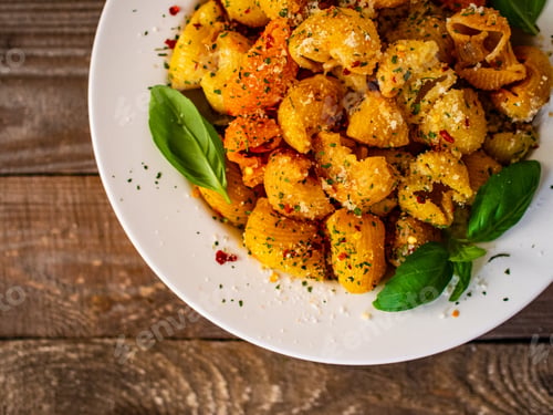 Preview: Pasta With Pesto Sauce On Wooden Table