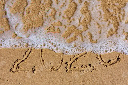 Preview: New Year 2020. Inscription On Sandy Beach. Tropical Celebration Concept