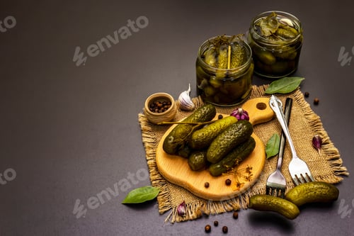 Preview: Marinated Pickled Cucumbers With Spices And Herbs. Traditional Eastern Europe Appetizer In Glass