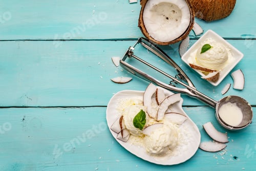 Preview: Lactose Free Coconut Ice Cream. Special Spoon, Halves Of Fruit, Flakes. Vegan Dessert Concept