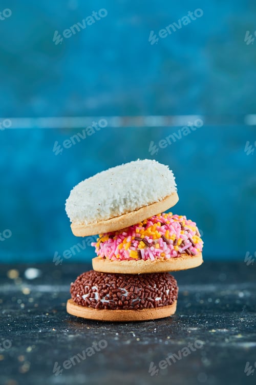 Preview: Pile Of Colorful Puffy Cookies On Blue Background