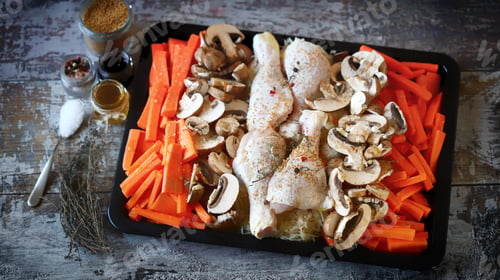Preview: Selective Focus. Raw Chicken Legs On A Baking Dish With Mushrooms And Carrots. Chicken Dish With