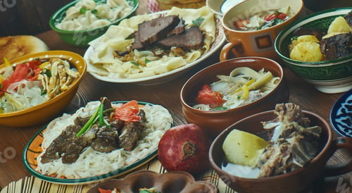Preview: Kyrgyz , Cuisine, Traditional Assorted Central Asia Dishes, Top View.