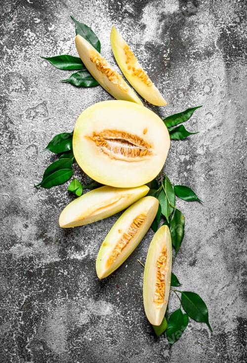 Preview: Fresh Melon With Green Leaves. On Rustic Background.