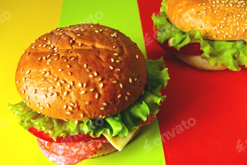 Preview: Hamburger On A Background With A Hamburger Color. Food Minimalism. Salami Sandwich In A Minimalist