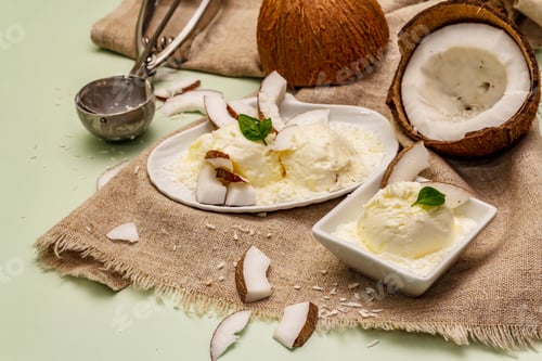 Preview: Lactose Free Coconut Ice Cream. Special Spoon, Halves Of Fruit, Flakes. Vegan Dessert Concept