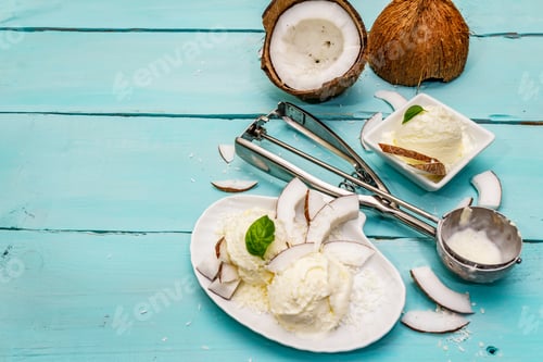 Preview: Lactose Free Coconut Ice Cream. Special Spoon, Halves Of Fruit, Flakes. Vegan Dessert Concept