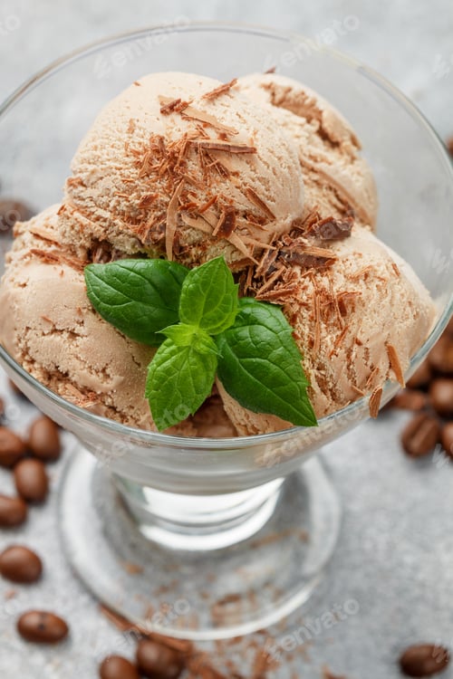 Preview: Homemade Caramel Ice Cream With Chocolate, Coffee And Mint. Refreshing Dessert For Gourmets