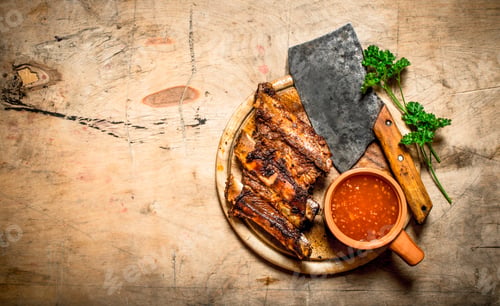 Preview: Barbecued Ribs With Tomato Sauce And A Carving Hatchet. On Wooden Background.