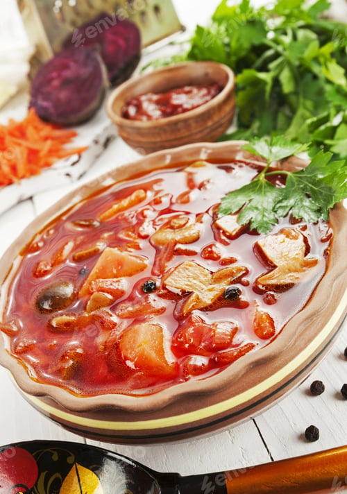 Preview: Russian Vegetarian Beetroots Soup With Mushrooms. Borsch