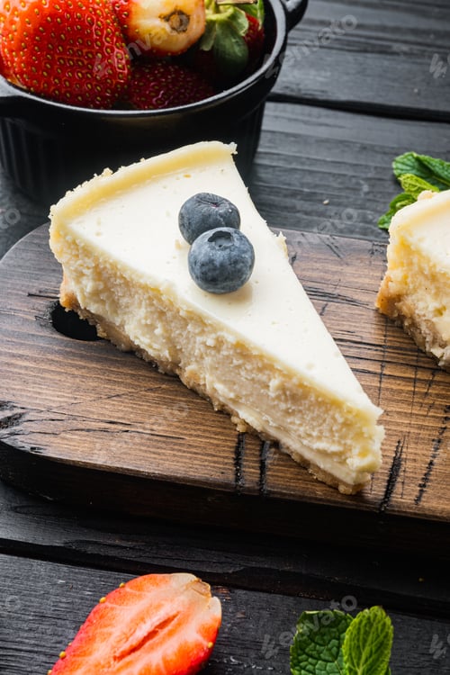 Preview: Slice Of Cheesecake With Strawberries, Blueberry And Mint, On Black Wooden Table Background