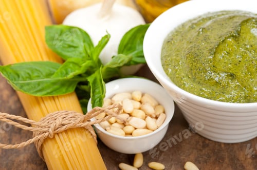Preview: Italian Traditional Basil Pesto Pasta Ingredients Parmesan Cheese Pine Nuts Extra Virgin Olive Oil
