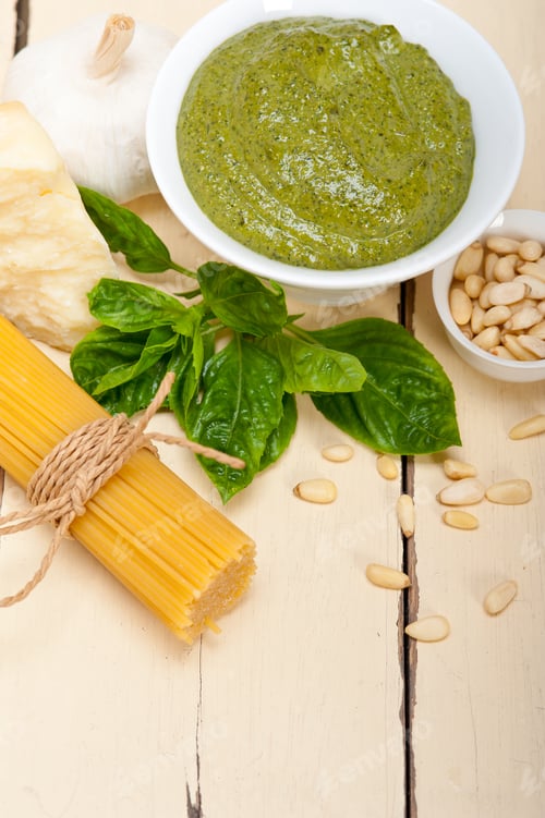 Preview: Italian Traditional Basil Pesto Pasta Ingredients Parmesan Cheese Pine Nuts Extra Virgin Olive Oil