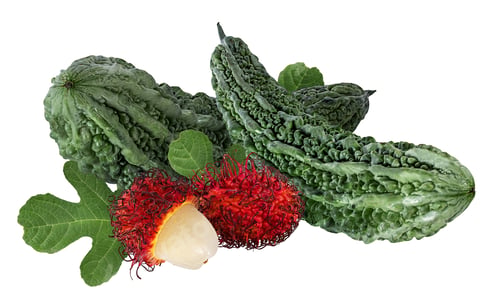Preview: Momordica Charantia Fruit And Rambutan Isolated On White Background