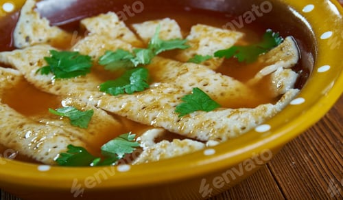 Preview: Frittatensuppe ,Crepe-Style Pancakes Soup Or Beef Broth . Austrian National Cuisine, Traditional