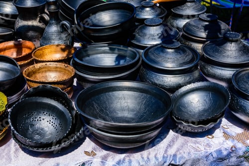 Preview: Kremenchug, Ukraine - June 8, 2019: Different Clay Utensil For Sale On Country Fair