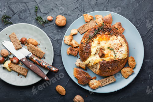 Preview: Baked Camembert Cheese And Homemade Bread.French Cheese.