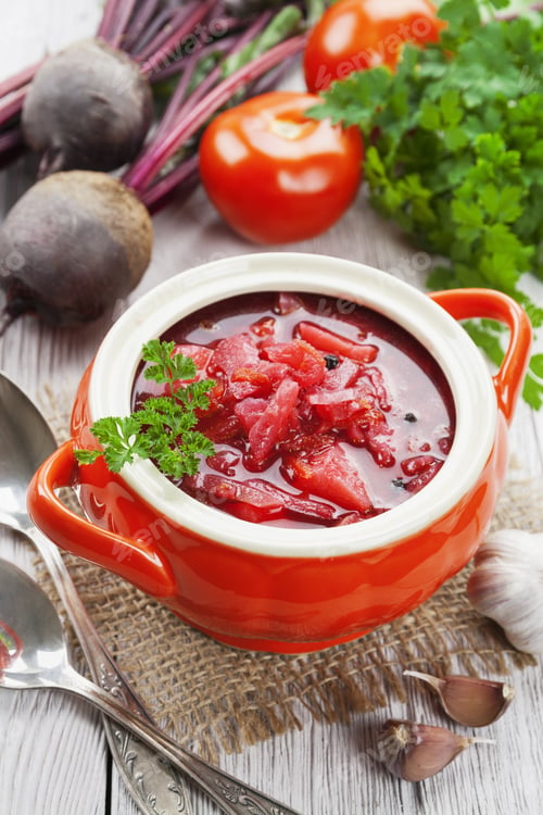 Preview: Soup With Red Beets. Russian Traditional Dish. Borsch