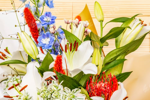 Preview: Bouquet Of Summer Festive Flowers. The Concept Of A Romantic Gift. Bridal Bouquet. Light Wooden