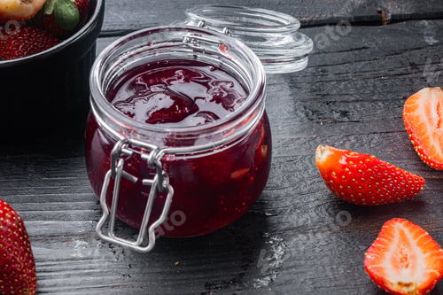 Preview: Jars Of Strawberry Jam With Berries, On Black Wooden Table Background