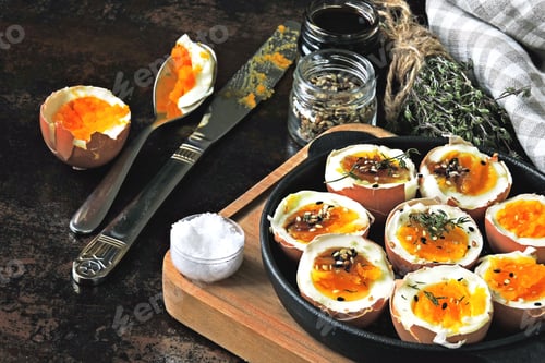 Preview: Halved Boiled Eggs With Shells. Stylish Breakfast With Eggs. Keto Snack Soft Boiled Eggs.