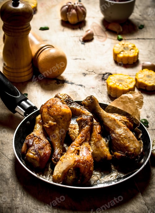 Preview: Fried Chicken Legs With Corn And Garlic. On A Wooden Table.