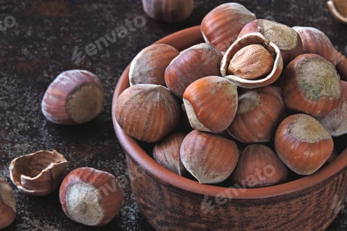 Preview: Hazelnuts In A Bowl. Fresh Hazelnuts In The Shell.