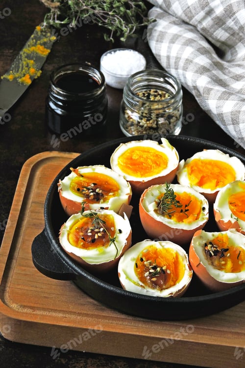 Preview: Soft-Boiled Eggs In A Skillet. Spices And Thyme. Stylish Breakfast On A Dark Surface.