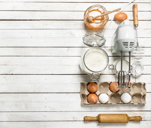 Preview: Baking Background. Preparation Of Dough For Delicious Cookies. On A White Wooden Background.