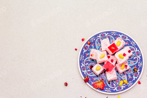 Preview: Eastern Sweets. Traditional Turkish Delight Rahat Lukum With A Rose On Ceramics With Typical Folk