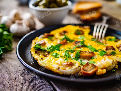 Preview: Breakfast - Omelette With Champignon On Wooden Background